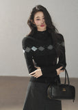 Black argyle shawl layered wool blend cardigan with diamond pattern