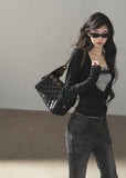 Black waist-fit draped top with gray inner layer