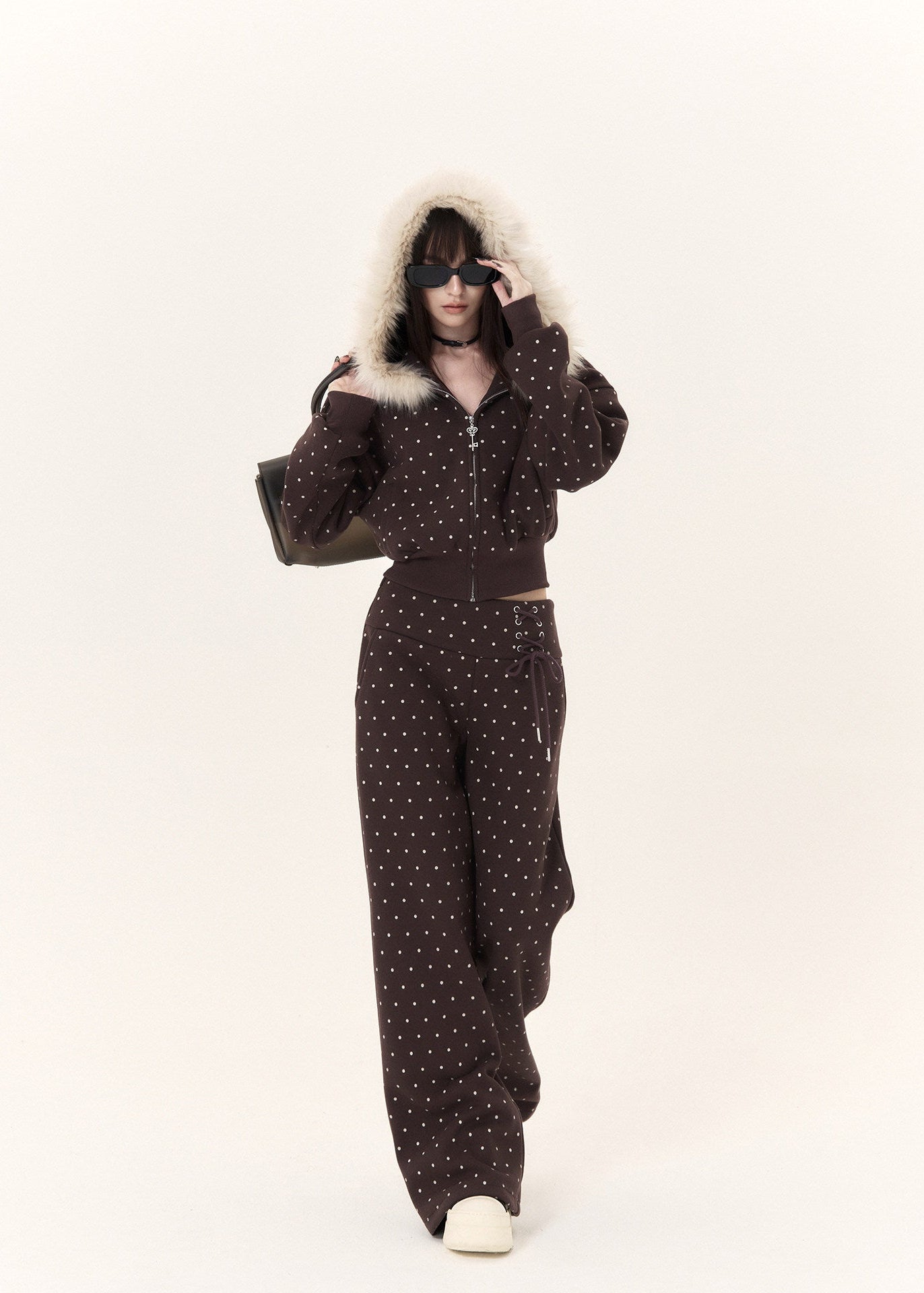 brown faux fur hooded polka dot zip up jacket for women