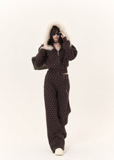 Faux Fur Hooded Polka Dot Zip-Up Jacket