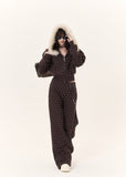 brown faux fur hooded polka dot zip up jacket for women