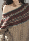Beige Fair Isle off-shoulder cable knit sweater with multicolor jacquard pattern