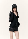 Black sheer zip hoodie with an angel wing and lettering print across the back