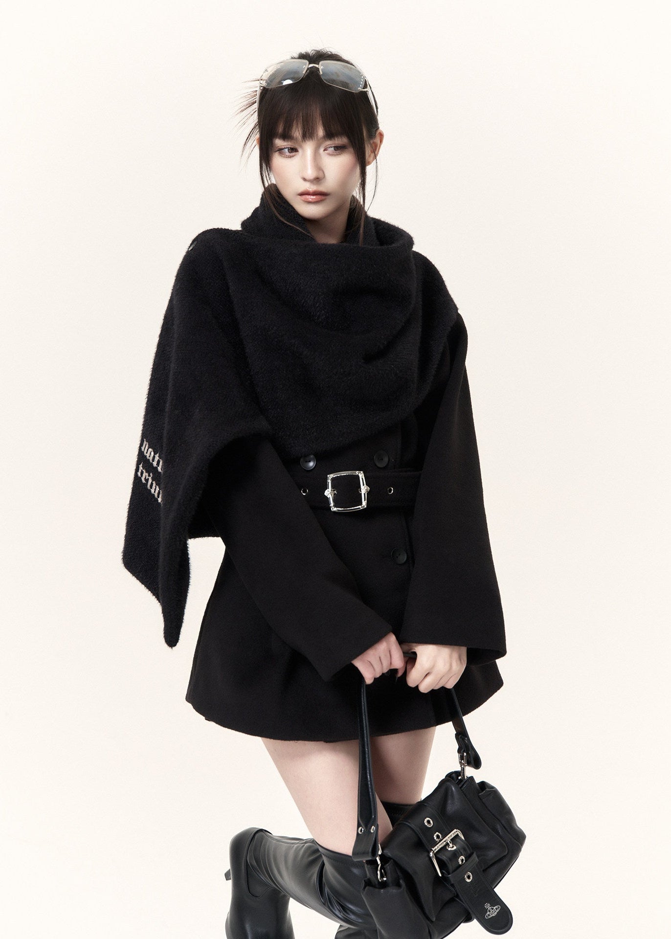 Black scarf collar belted wool blend coat with double-breasted front