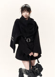 Black scarf collar belted wool blend coat with double-breasted front