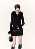 Black faux fur trim knit top and mini skirt two-piece set