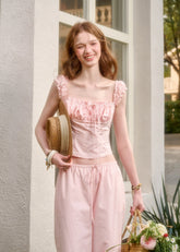 Baby pink ruffle cami and lounge pants set