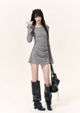 Heather grey long sleeve knit top with draped waist and matching shorts