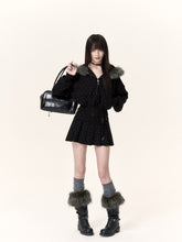 Faux Fur Hooded Polka Dot Zip-Up Jacket
