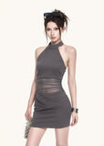 Grey slim-fit mini dress with sheer mesh cutout detail