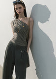 High waist flowy wide leg trousers in muted olive grey