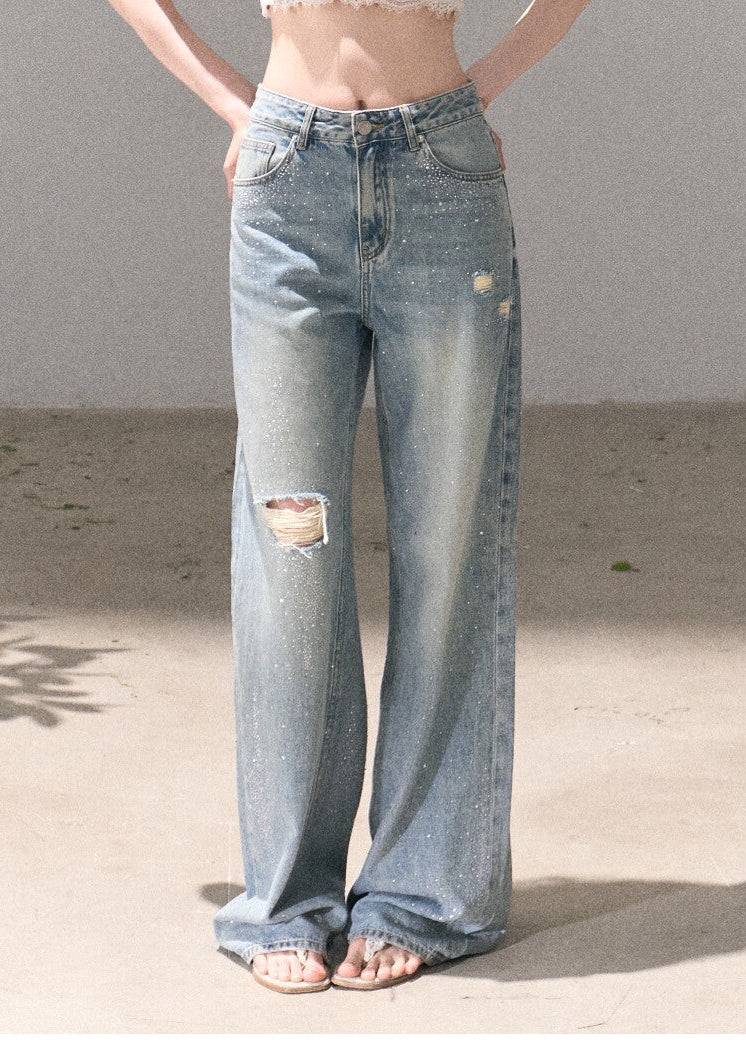Light wash wide-leg jeans with rhinestone details