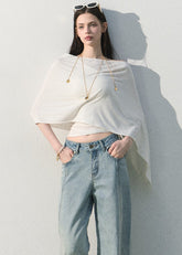 Women’s white asymmetrical draped shoulder lyocell top