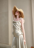 Pearl satin two-piece set with lace-hem skirt