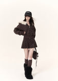 brown faux fur hooded polka dot zip up jacket for women