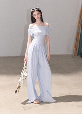 Cloud blue ruched sleeve top with matching wide-leg pants
