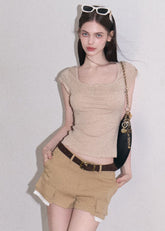 Khaki cotton-linen mini shorts with patchwork detail
