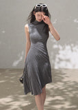 Mist grey high-neck draped dress with waist shaping
