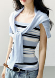 Pale blue cropped bolero with a navy and white striped camisole