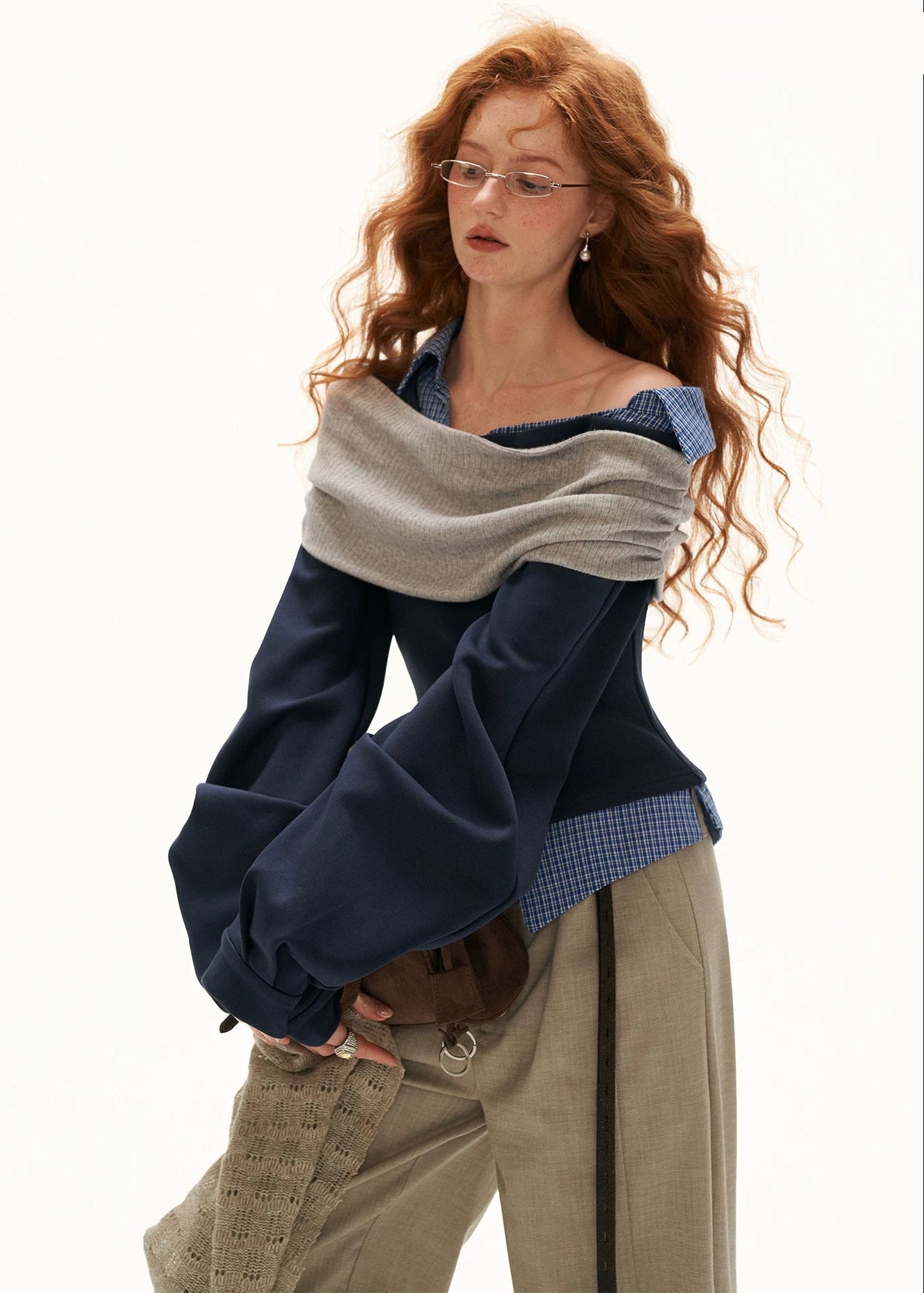 Navy off-shoulder sweatshirt with grey foldover neckline and plaid collar