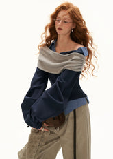 Navy off-shoulder sweatshirt with grey foldover neckline and plaid collar