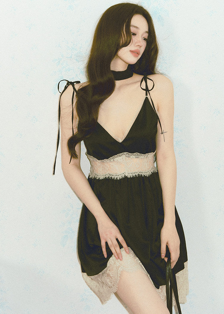Black spaghetti strap dress with lace waist detail