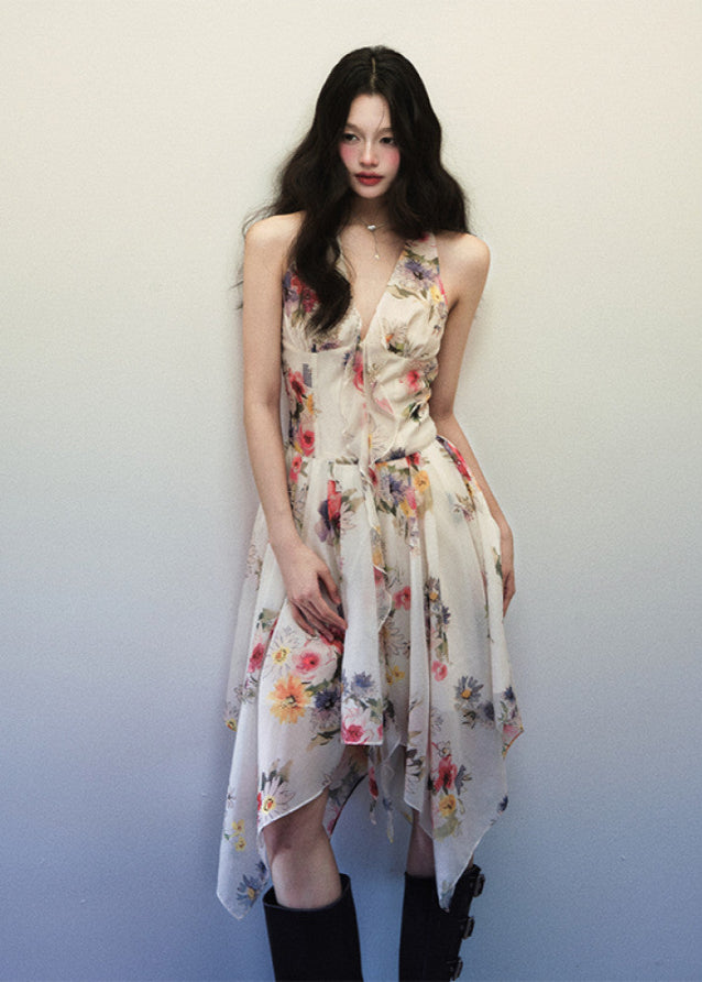 Watercolor Floral Irregular V Neck Halter Dress image 6