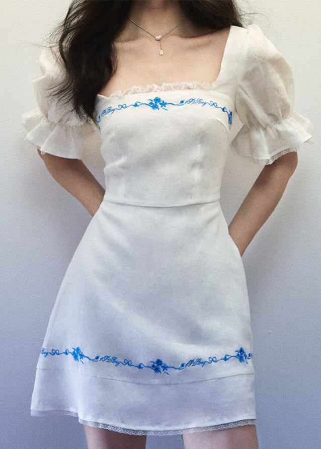 1P STUDIO White Linen Generous Collar Dress for Women Summer Blue Embroidered Horn Short Sleeve Hip Wrapping Short Skirt image 4