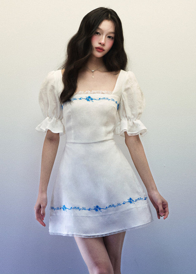 1P STUDIO White Linen Generous Collar Dress for Women Summer Blue Embroidered Horn Short Sleeve Hip Wrapping Short Skirt image 5