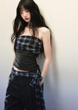Plaid Patchwork Strapless Top Wide Leg Pants Set image 5