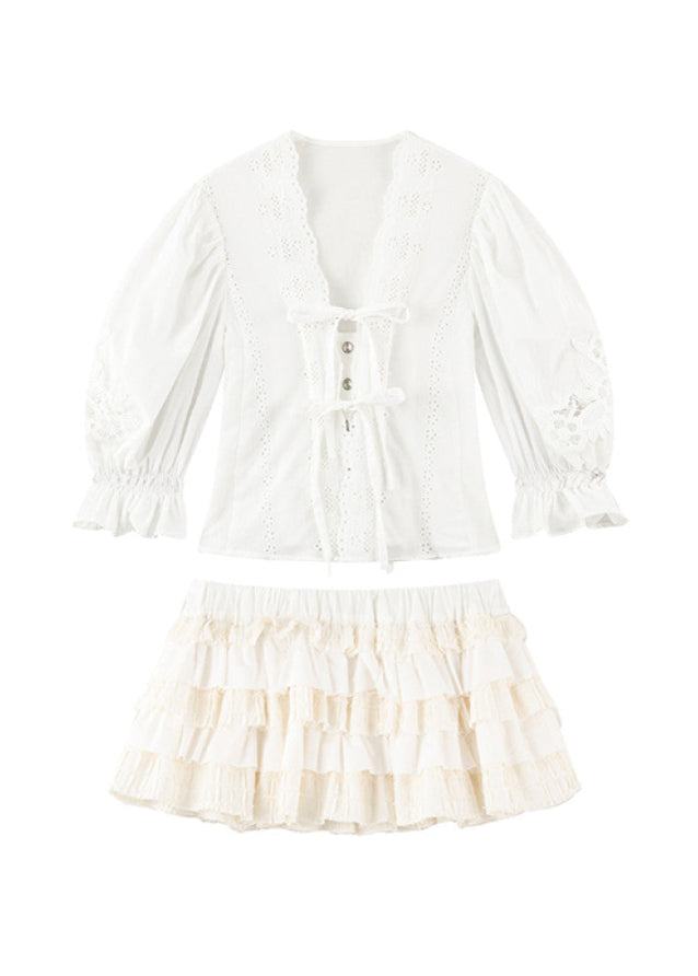 French V Neck Shirt Cake Skirt Set image 5