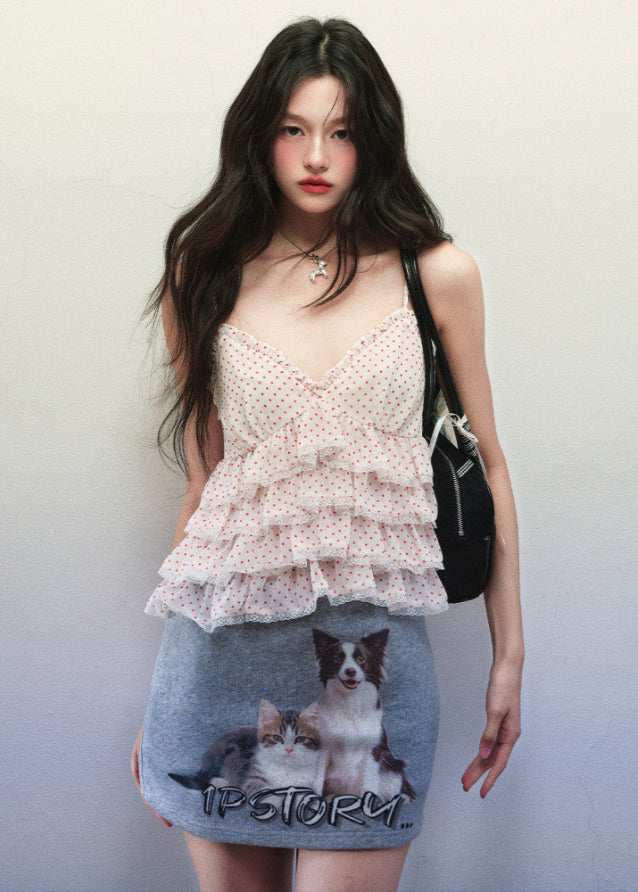 Polka Dot Chiffon V Neck Strap Top Cat Dog Print Skirt Set image 15