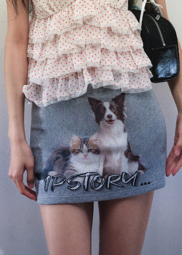 Polka Dot Chiffon V Neck Strap Top Cat Dog Print Skirt Set image 2