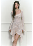 Beige Lace Square Collar Irregular Long Sleeve Dress image 3