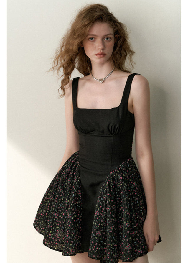 Black White Floral Patchwork Bow Strap Dress image 3