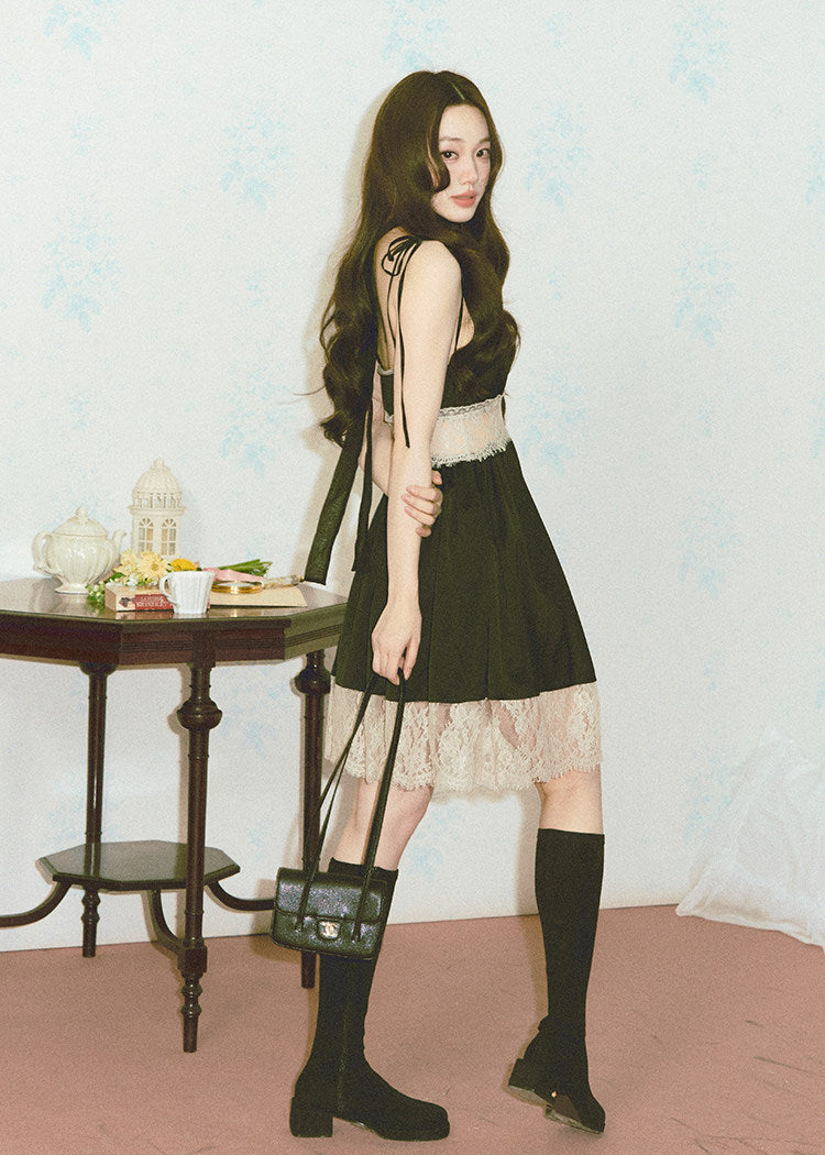 Black lace-trim slip dress with tie shoulder straps