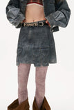 Distressed denim jacket and short skirt