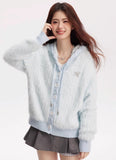 Fresh girl light blue two-color imitation mink knitted hooded cardigan