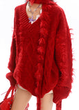 Red Scarf V-Neck Knit Sweater