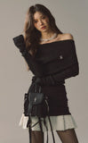 Off-shoulder black knitted sweater skirt hot skirt dress