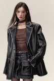 ヘビーカラーPUレザージャケットとレザースカートのツーピーススーツ