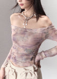 Rendering color design pure desire off shoulder mesh T-shirt