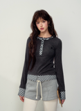 Dark gray/pink retro miu plaid stitching fake two-piece long-sleeved T-shirt