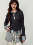 Dark gray/pink retro miu plaid stitching fake two-piece long-sleeved T-shirt
