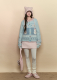 Hokkaido Snowman Blue Girl Fair Isle Long Plush Knit Sweater Jacket