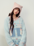 Hokkaido Snowman Blue Girl Fair Isle Long Plush Knit Sweater Jacket