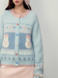 Hokkaido Snowman Blue Girl Fair Isle Long Plush Knit Sweater Jacket