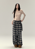 Pleated Belt Plaid Pants