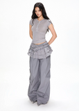 Satin Ruffled Ballet Straight-Leg Pants