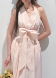 ピンクのVネックリゾートボウストラップドレス
